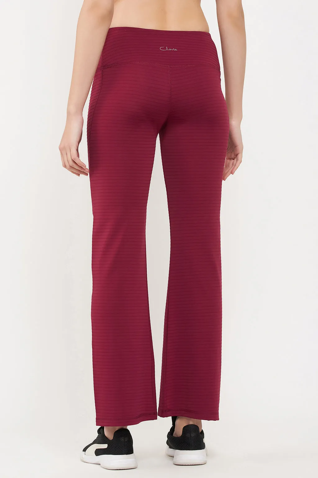 Maroon Poly Spandex Flared Yoga Pants With Side Pocket