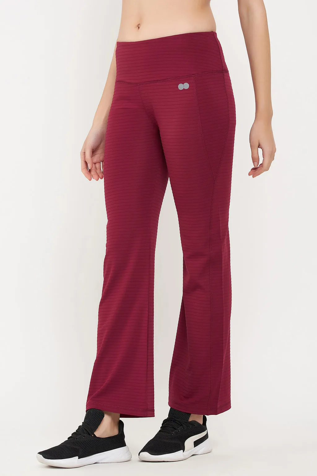 Maroon Poly Spandex Flared Yoga Pants With Side Pocket