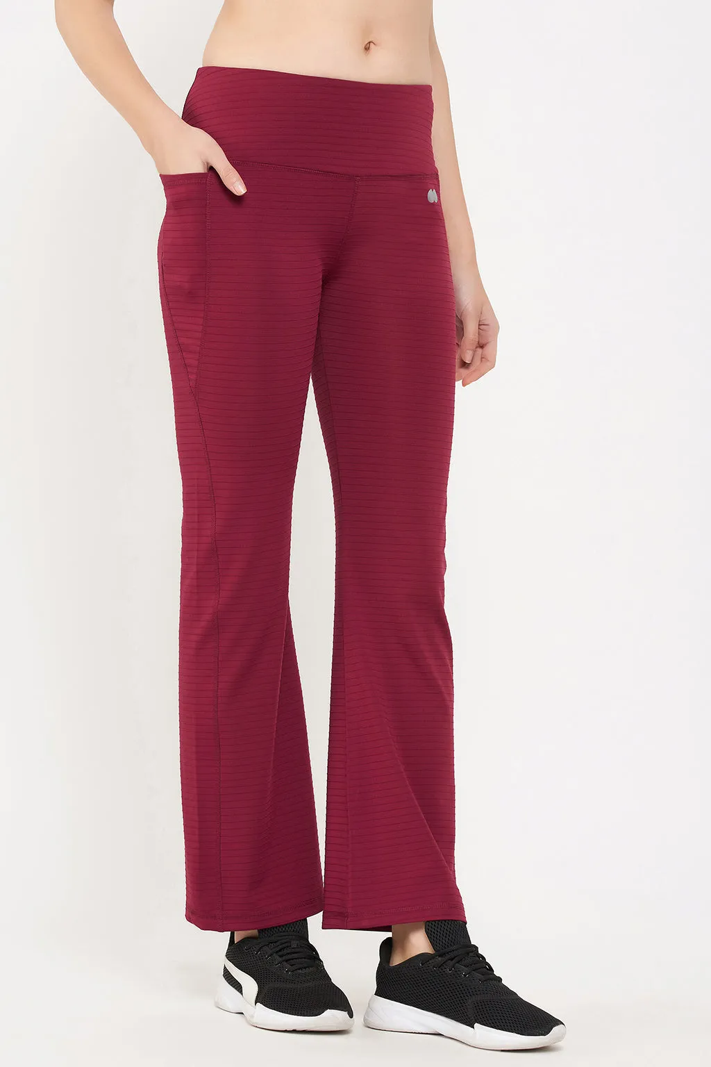 Maroon Poly Spandex Flared Yoga Pants With Side Pocket