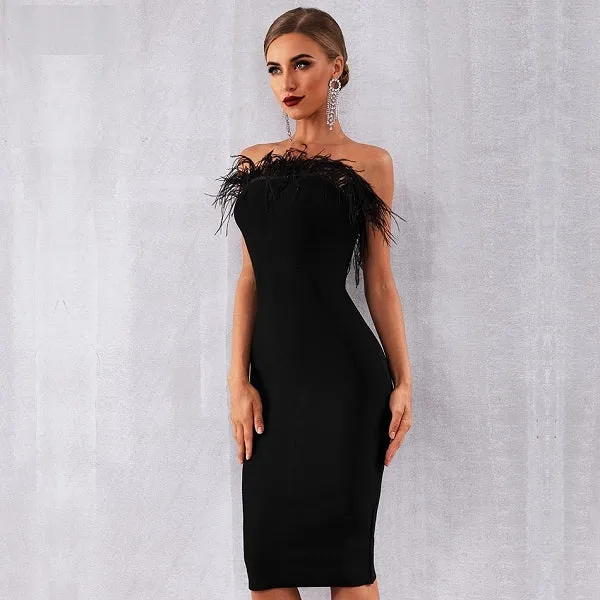Melissa Feather Trim Strapless Bandage Bodycon Midi Dress