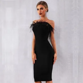 Melissa Feather Trim Strapless Bandage Bodycon Midi Dress