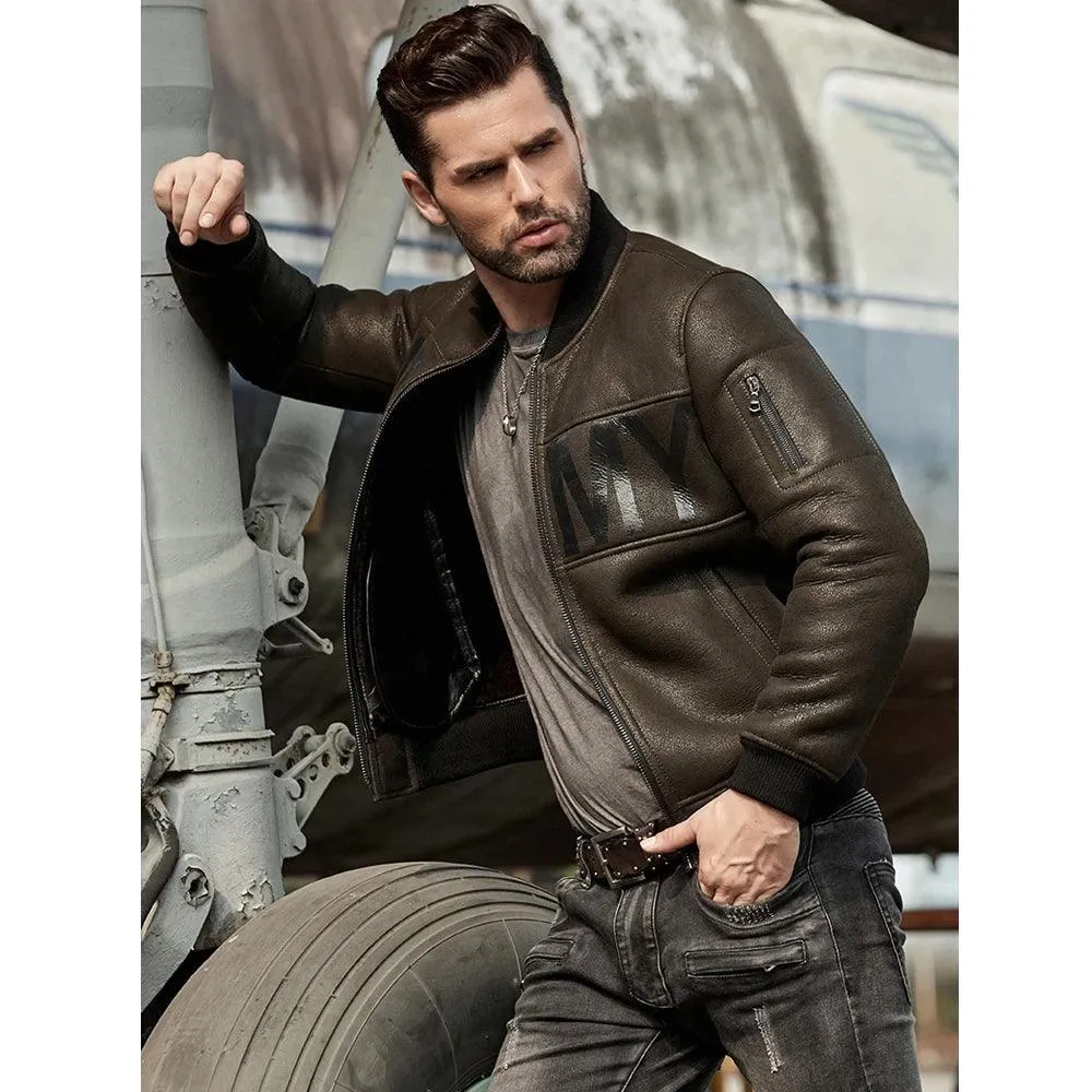 Men's Army Green B3 Flight Sheepskin Motorcycle Shearling Leather Jacket