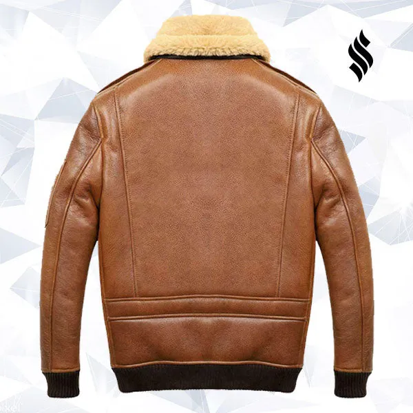 Men’s Aviator Camel Brown A2 Fur Shearling Leather Bomber Jacket
