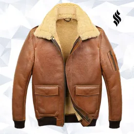 Men’s Aviator Camel Brown A2 Fur Shearling Leather Bomber Jacket