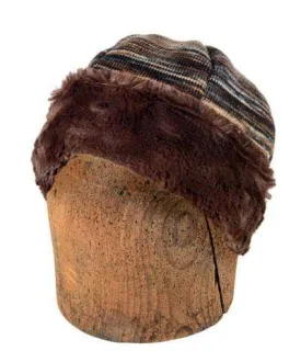 Men's Beanie Hat, Reversible - Sweet Stripes in English Toffee with Assorted Faux Fur