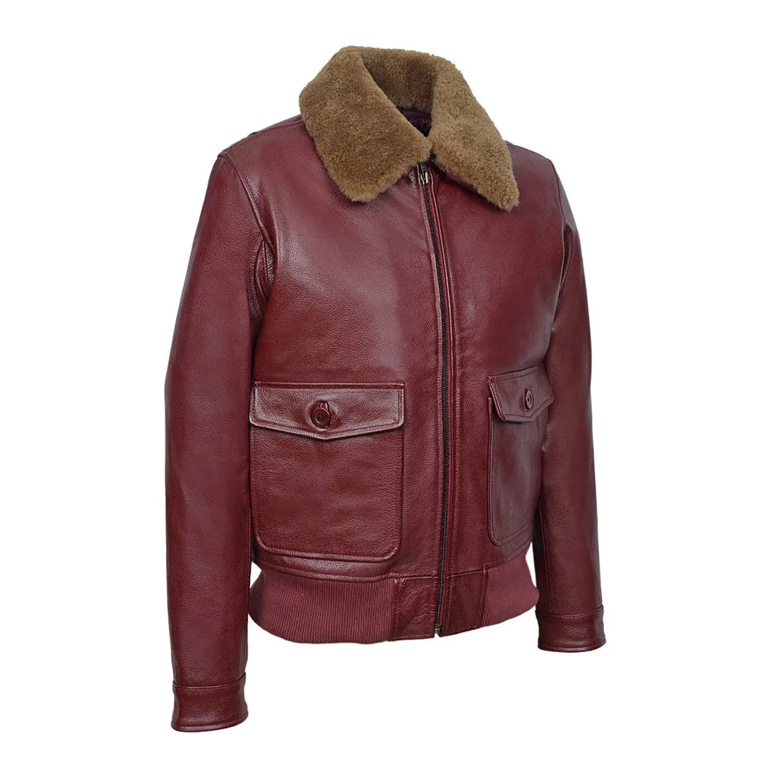 Men's Maroon Aviator Jet Fighter Faux Shearling Bomber Leather Jacket