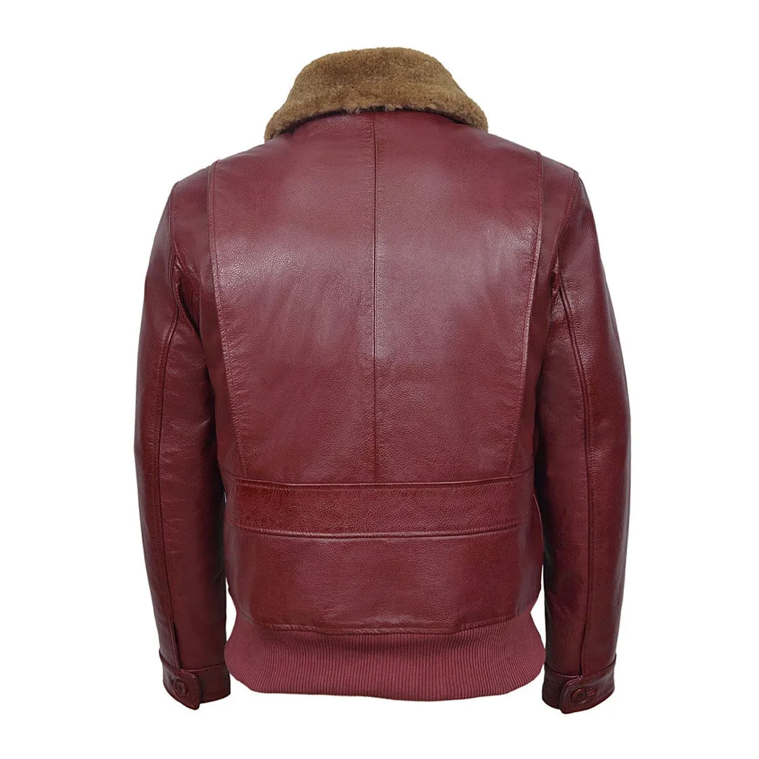 Men's Maroon Aviator Jet Fighter Faux Shearling Bomber Leather Jacket