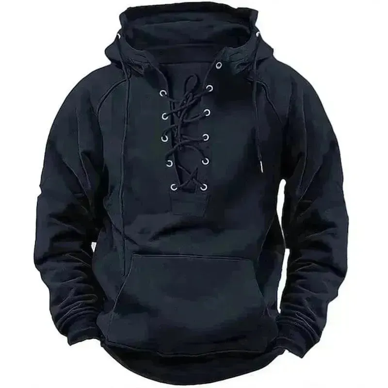 Men's Outdoor Retro Lace-up Hooded Long-sleeved T-shirt Casual Pullover top sweatshirt