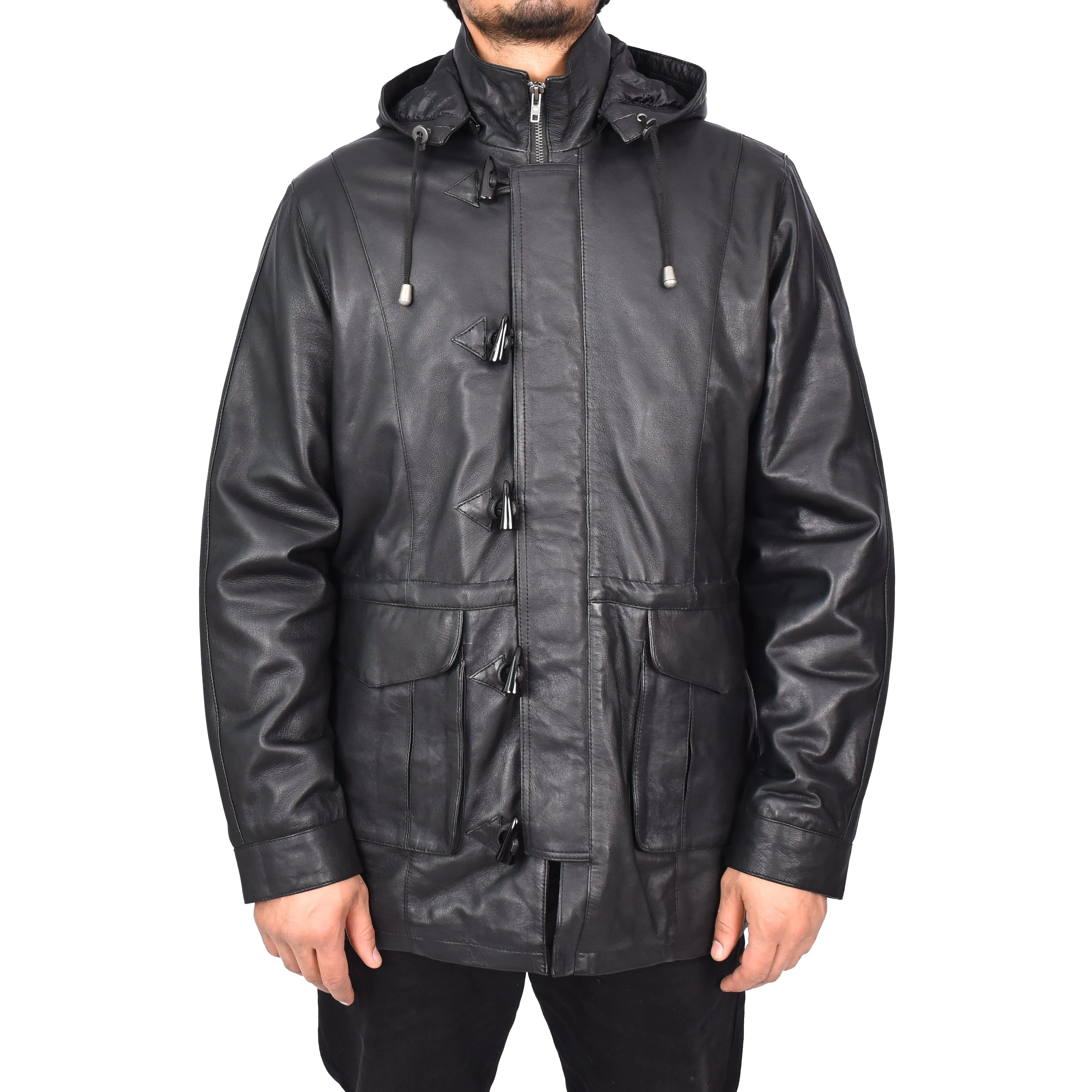 Men's Real Leather Detachable Hood Parka Coat Gents Jacket Black Borge