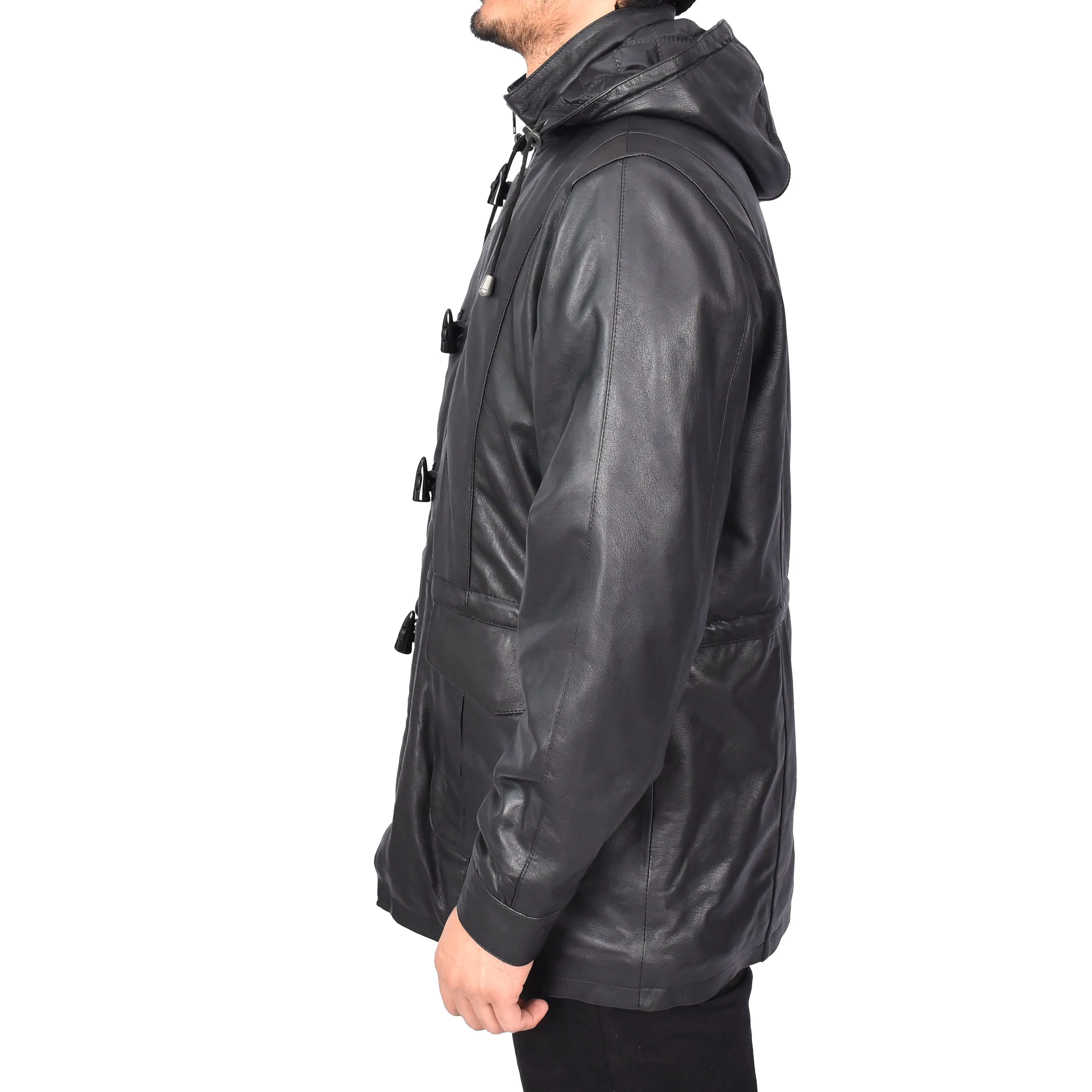 Men's Real Leather Detachable Hood Parka Coat Gents Jacket Black Borge