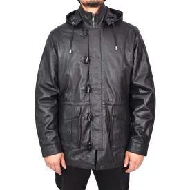 Men's Real Leather Detachable Hood Parka Coat Gents Jacket Black Borge