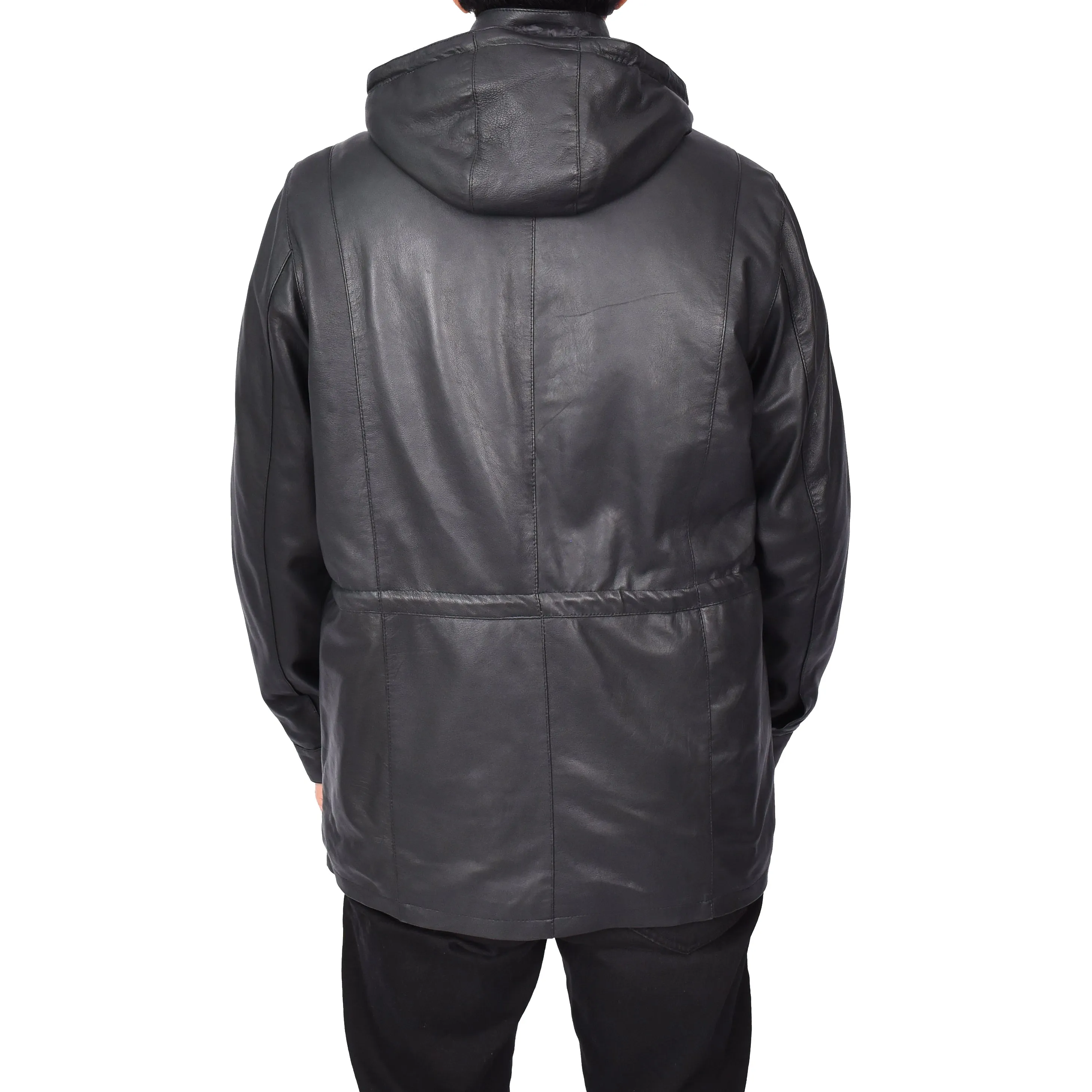 Men's Real Leather Detachable Hood Parka Coat Gents Jacket Black Borge