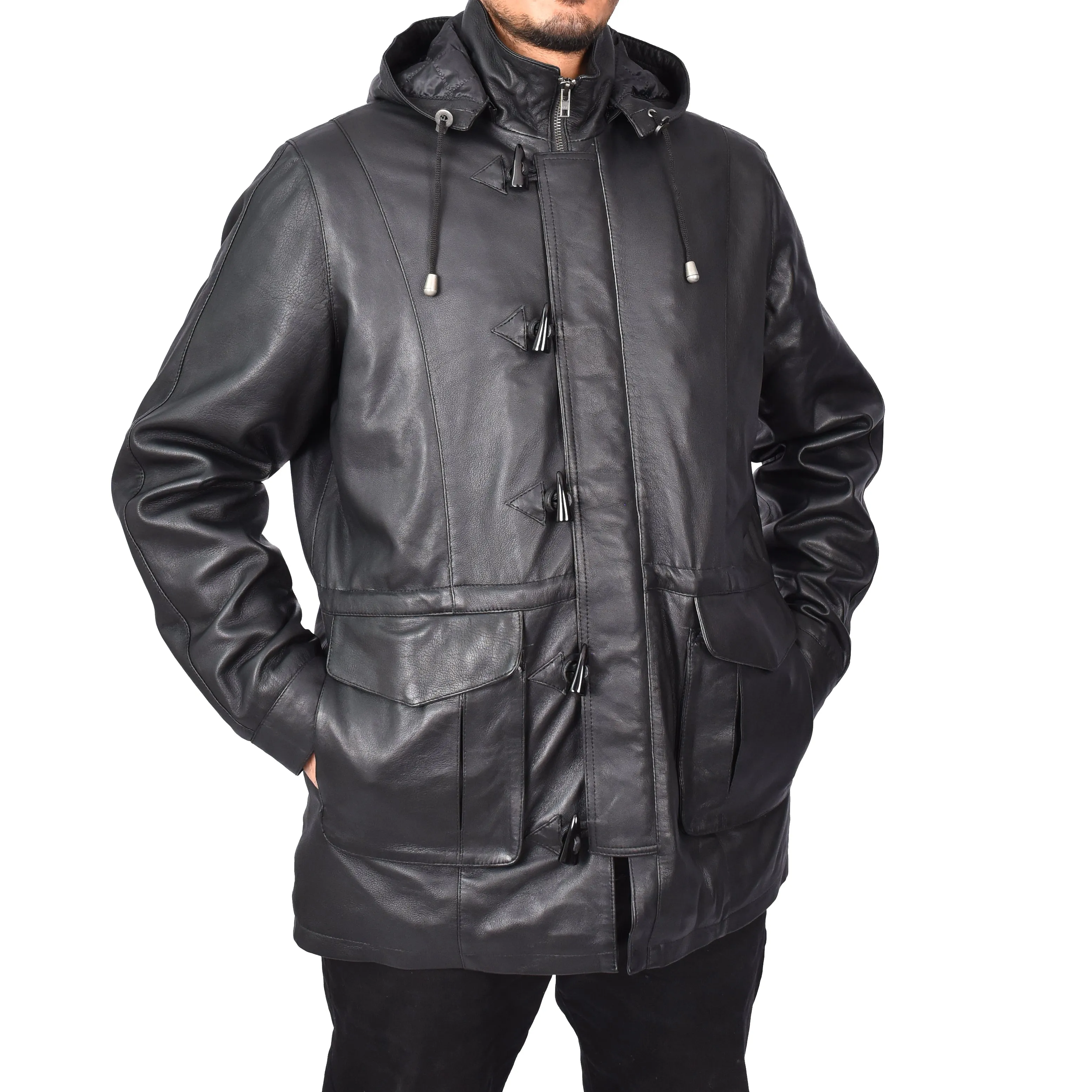 Men's Real Leather Detachable Hood Parka Coat Gents Jacket Black Borge