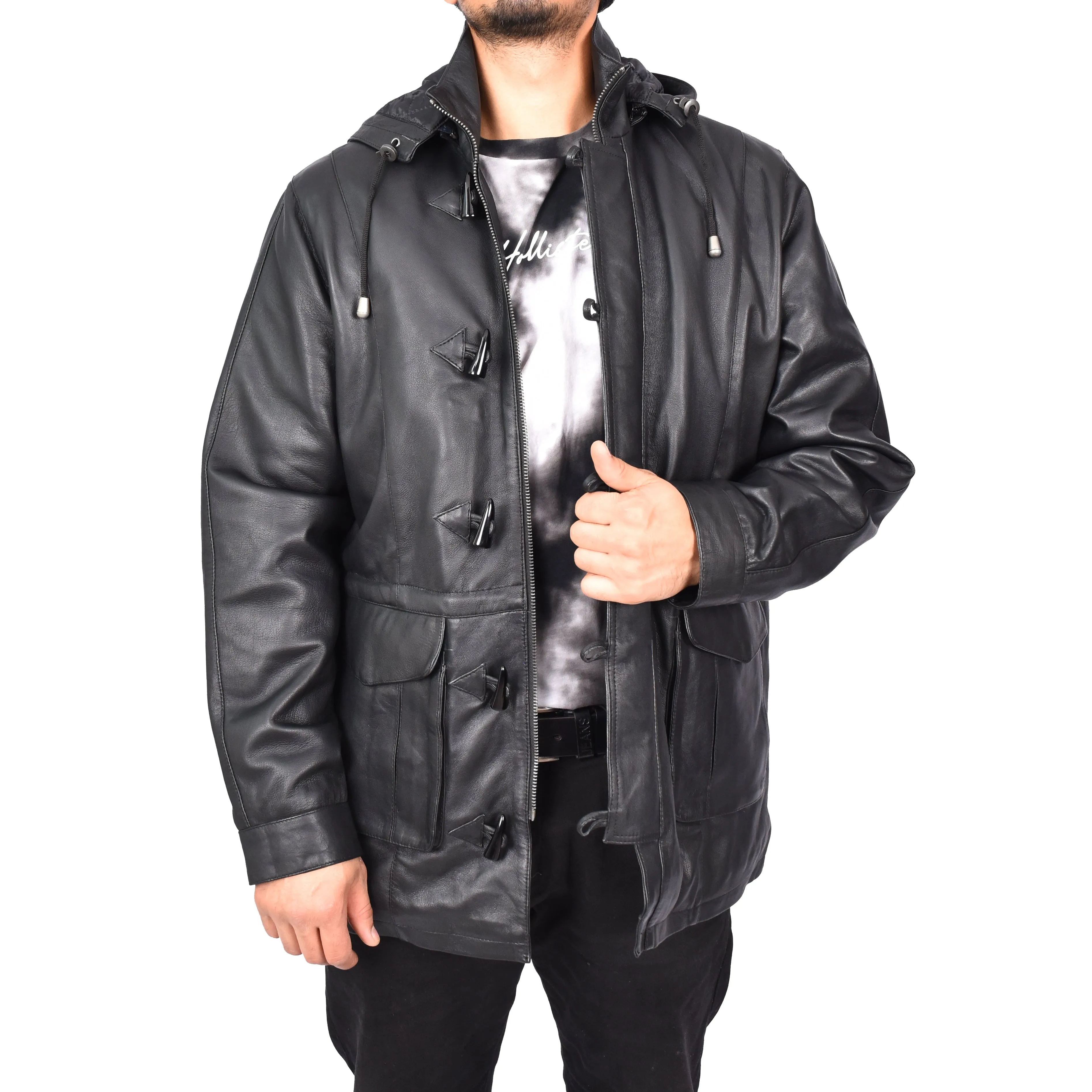 Men's Real Leather Detachable Hood Parka Coat Gents Jacket Black Borge