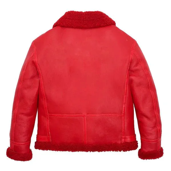 Men's Red Faux Shearling Military B3 Bomber Jacket