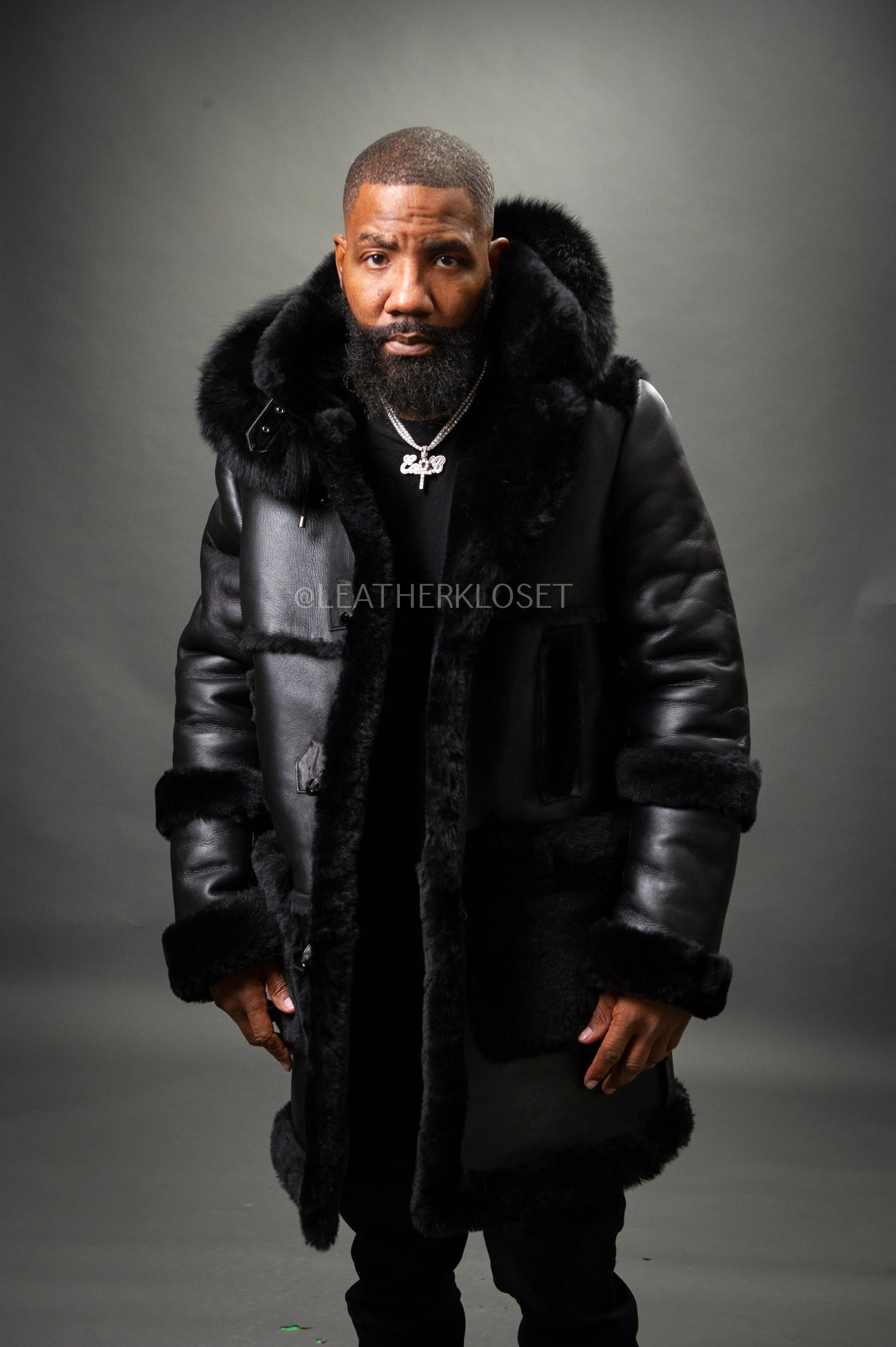 Men's Stealth Black Real Sheepskin Shearling Duffle [Black]