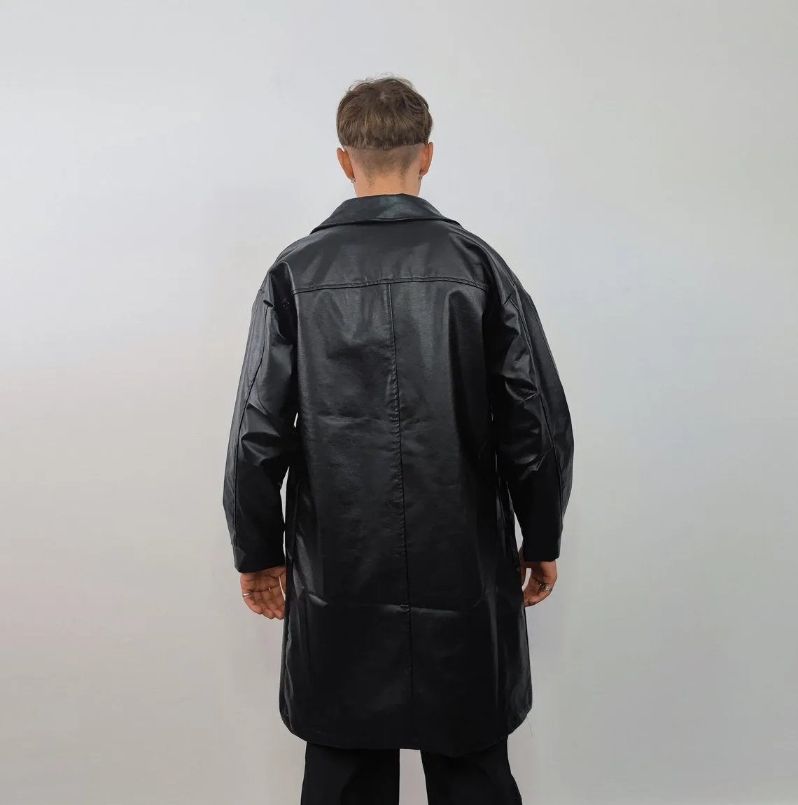 Mid length faux leather coat PU utility trench jacket gorpcore raver varsity going out rubbery high fashion gothic puffer in black