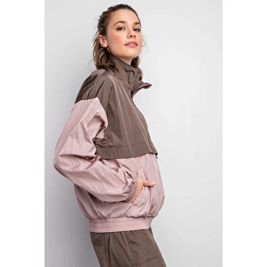 Parachute Half Zip Color Block Pullover Mauve/Brown