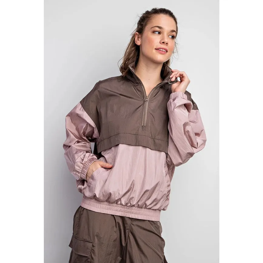 Parachute Half Zip Color Block Pullover Mauve/Brown