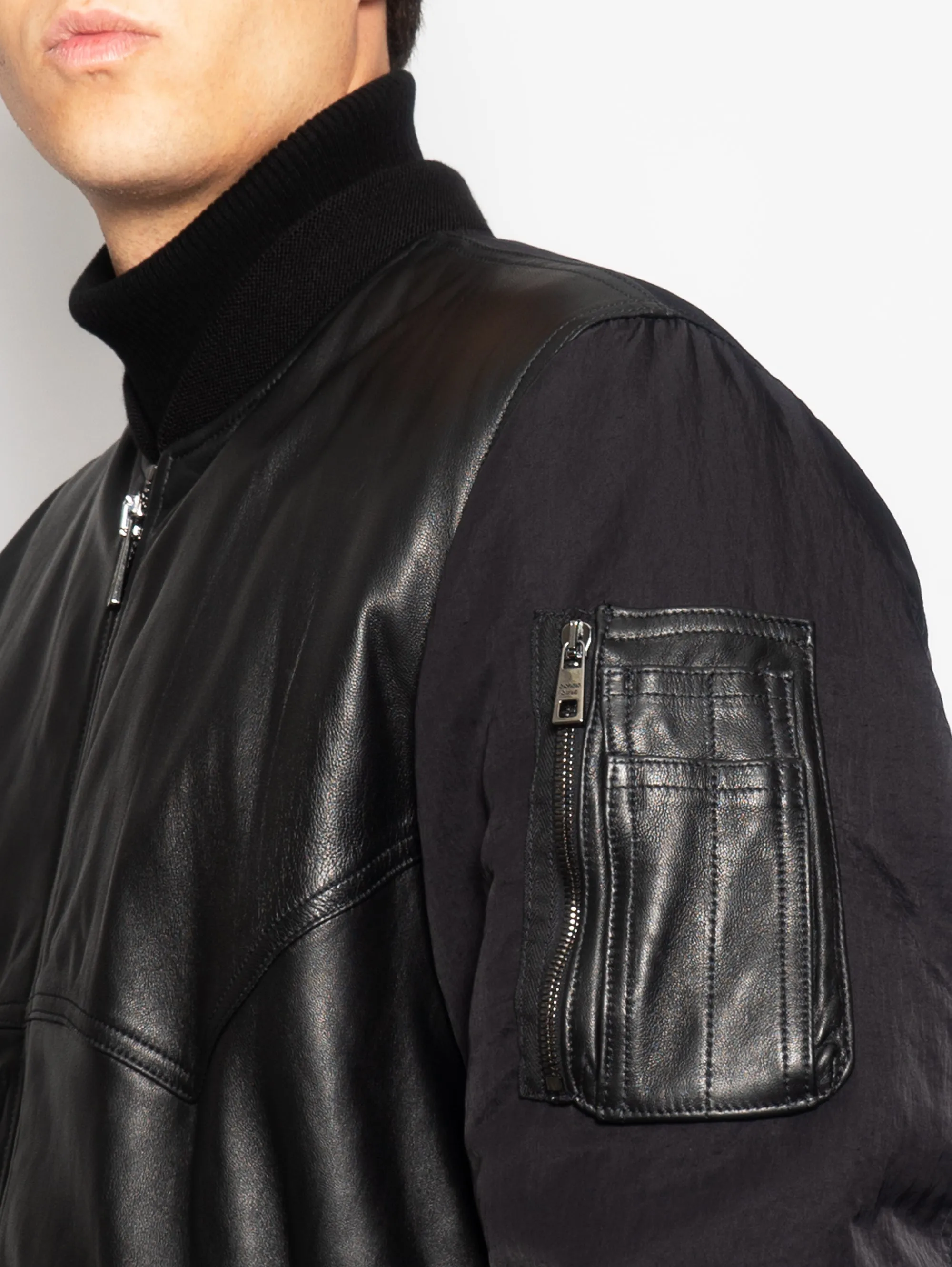 Parka in Pelle e Nylon Imbottito Nero