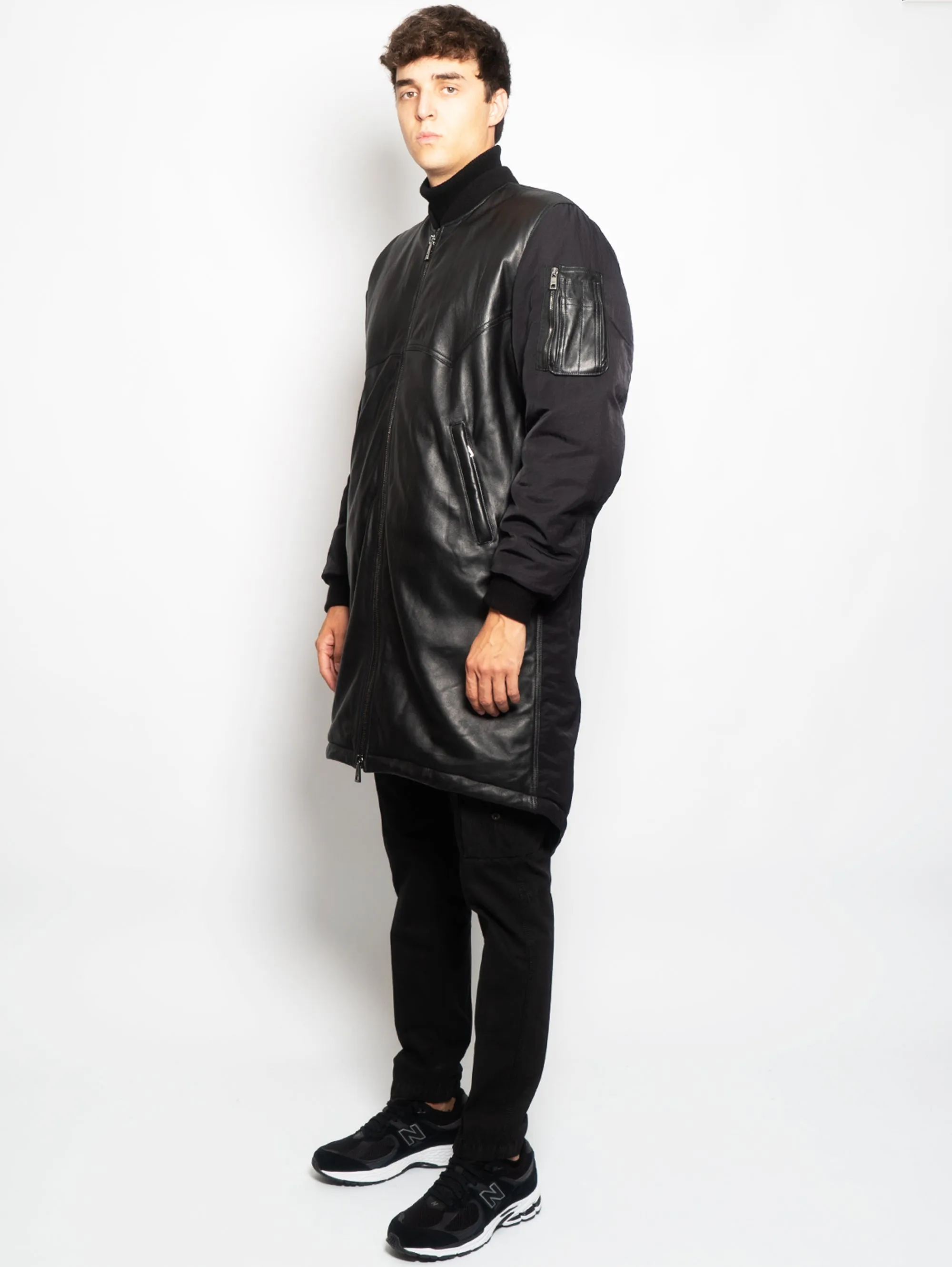 Parka in Pelle e Nylon Imbottito Nero