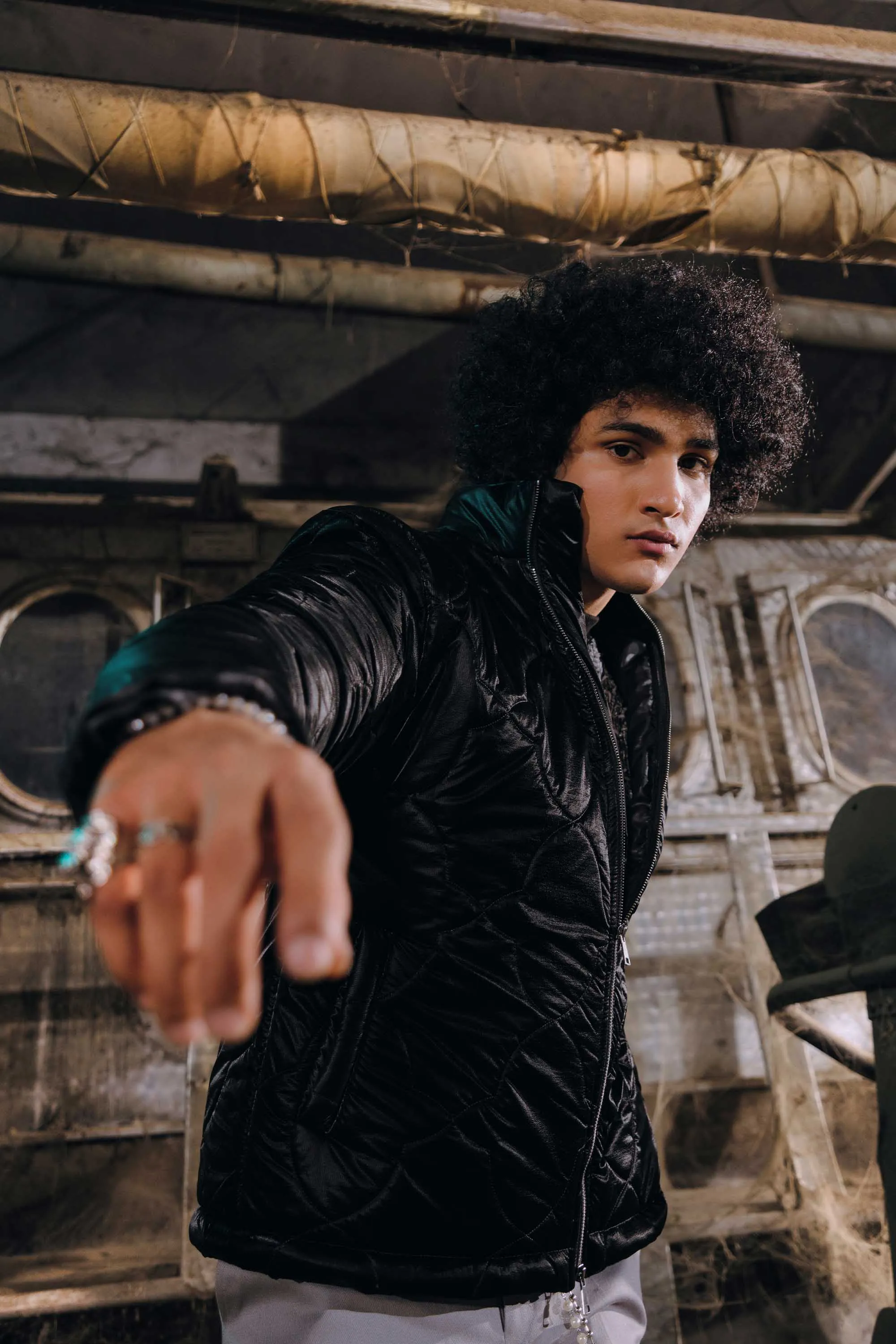 Patent Black Textured Parka Jacket