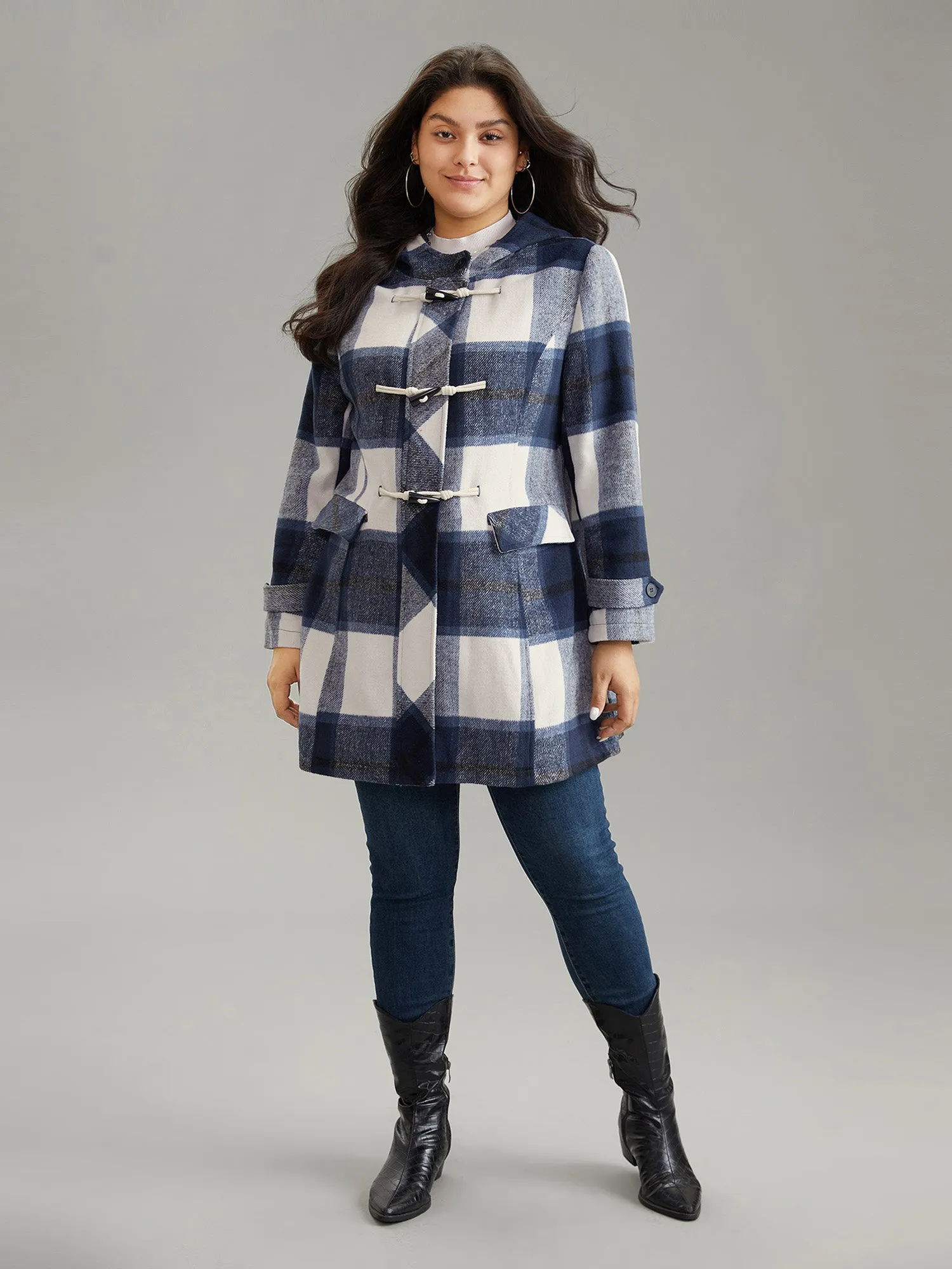 Plaid Hooded Duffle Button Zipper Coat