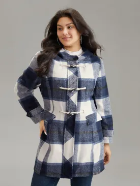 Plaid Hooded Duffle Button Zipper Coat