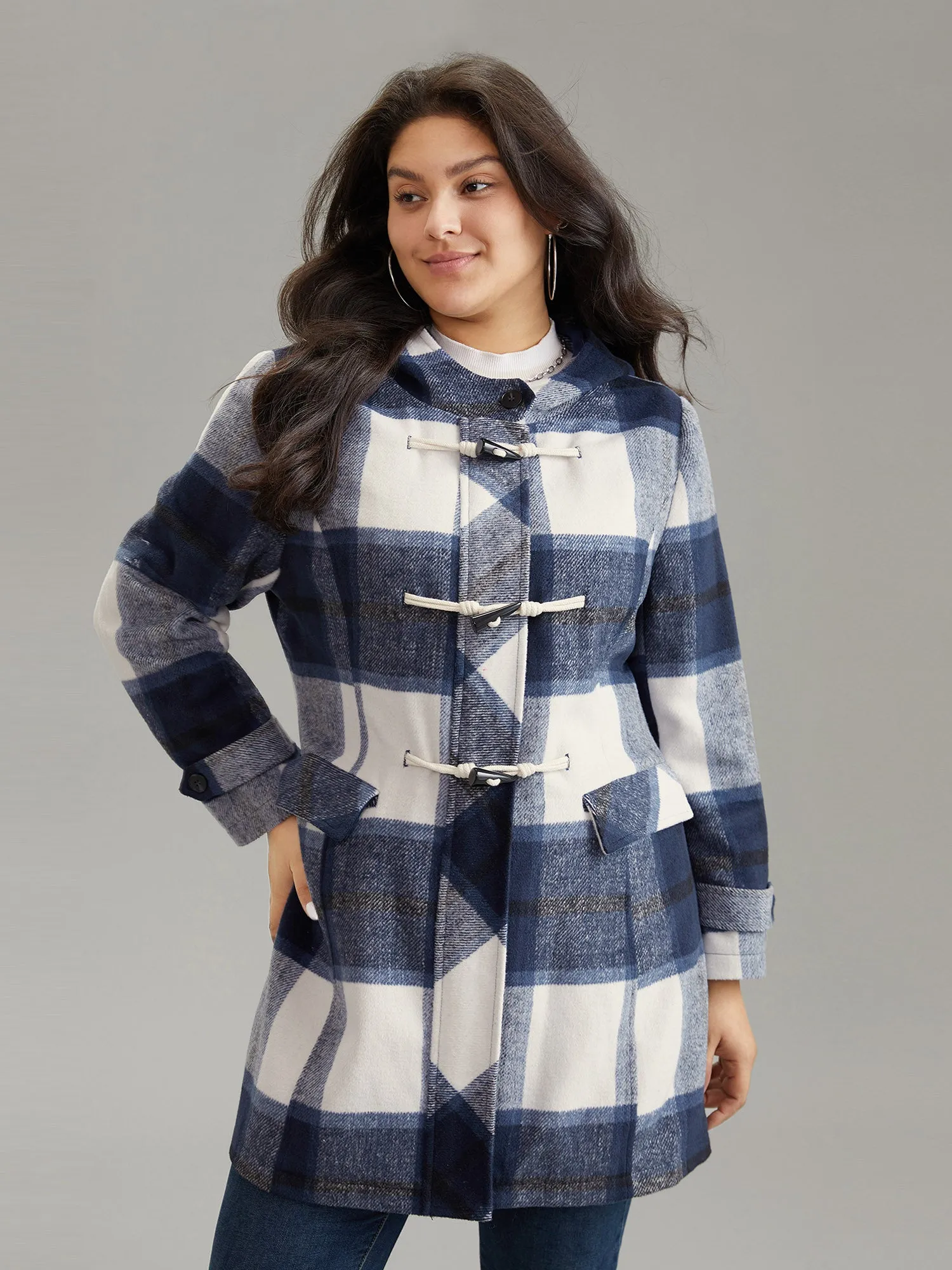 Plaid Hooded Duffle Button Zipper Coat