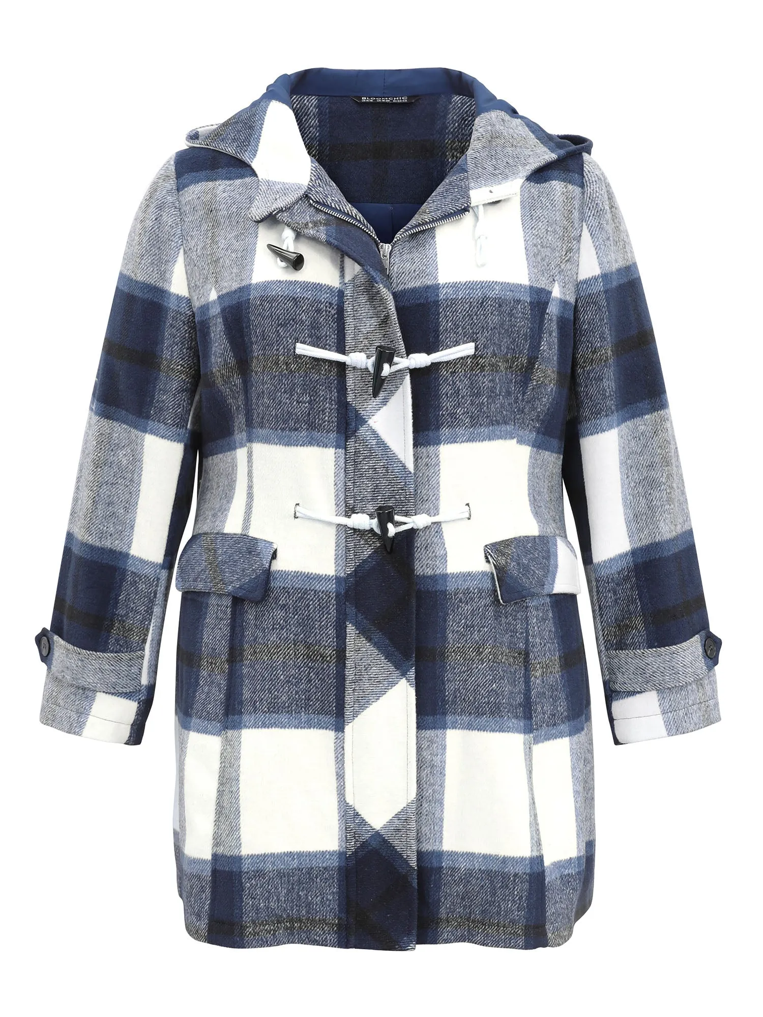 Plaid Hooded Duffle Button Zipper Coat