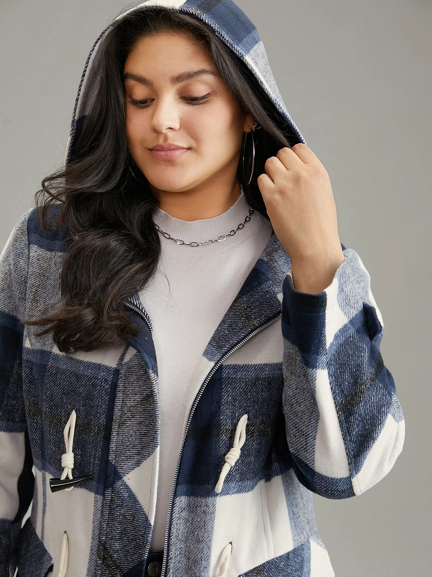 Plaid Hooded Duffle Button Zipper Coat