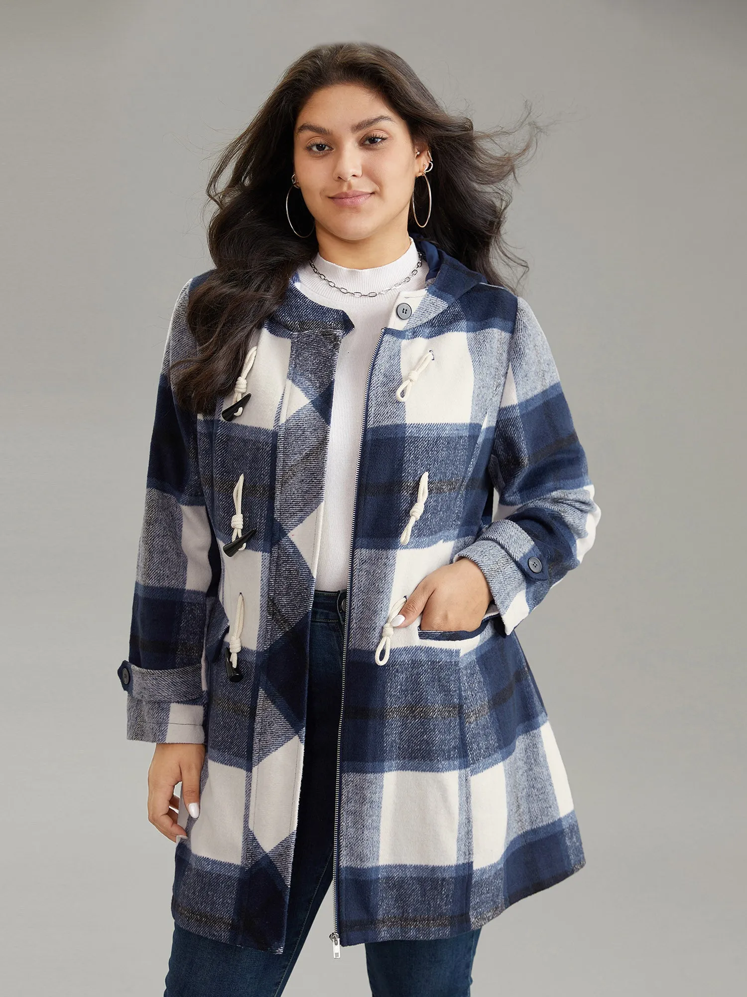 Plaid Hooded Duffle Button Zipper Coat