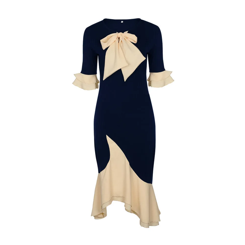 Round Neck Navy Midi Dress