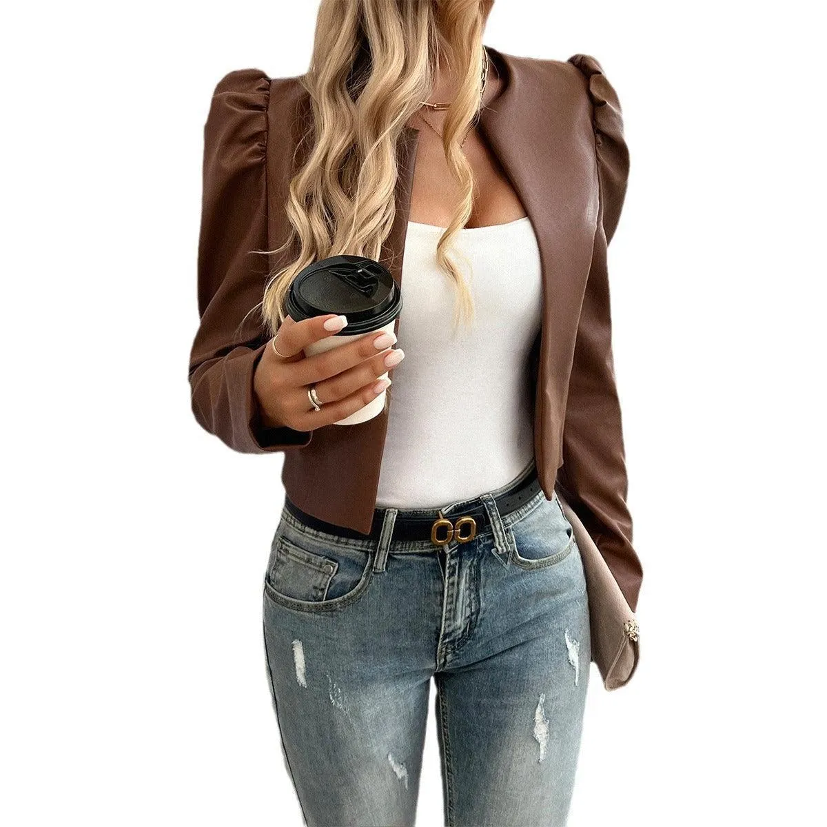 Solid Color Leather Cardigan Jacket
