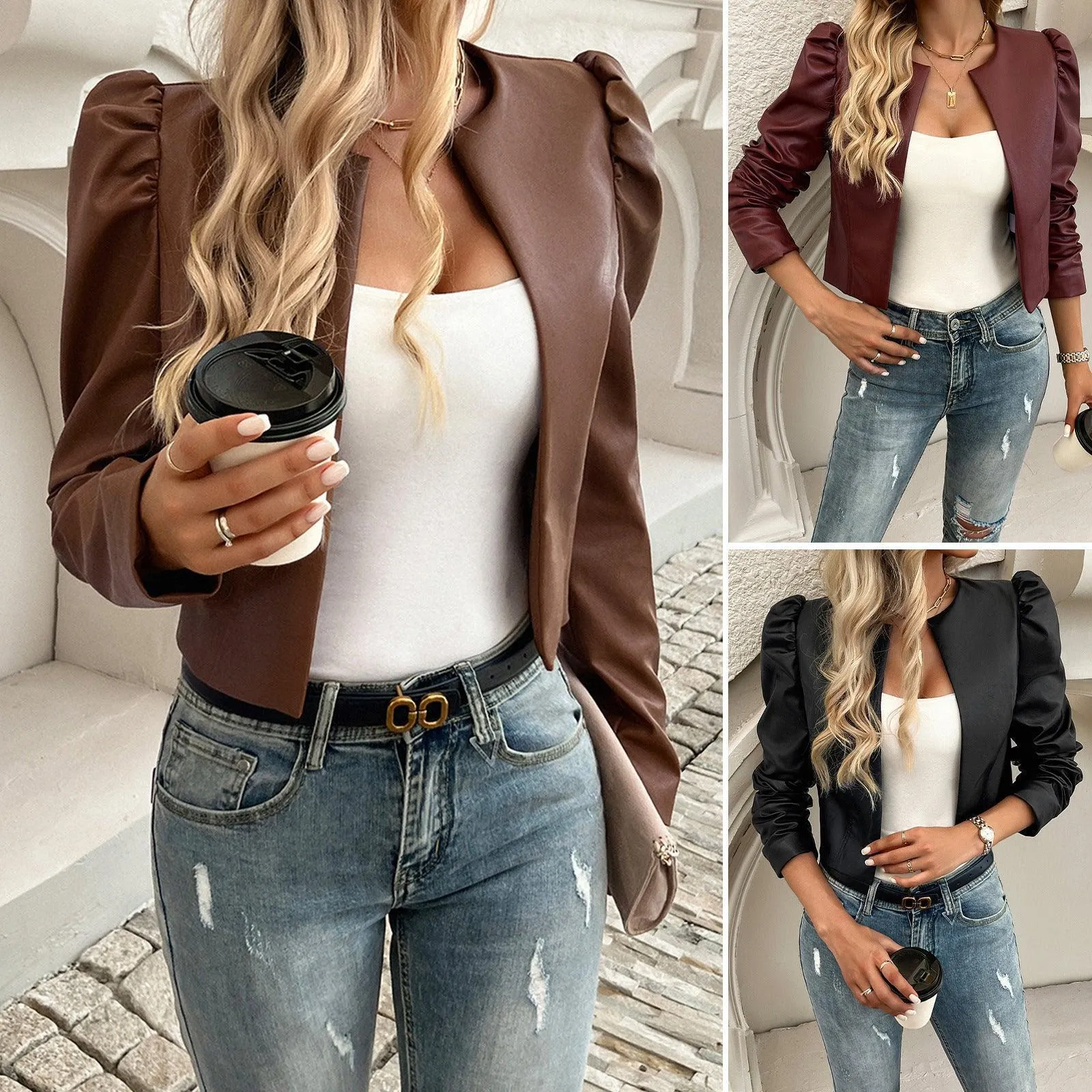 Solid Color Leather Cardigan Jacket
