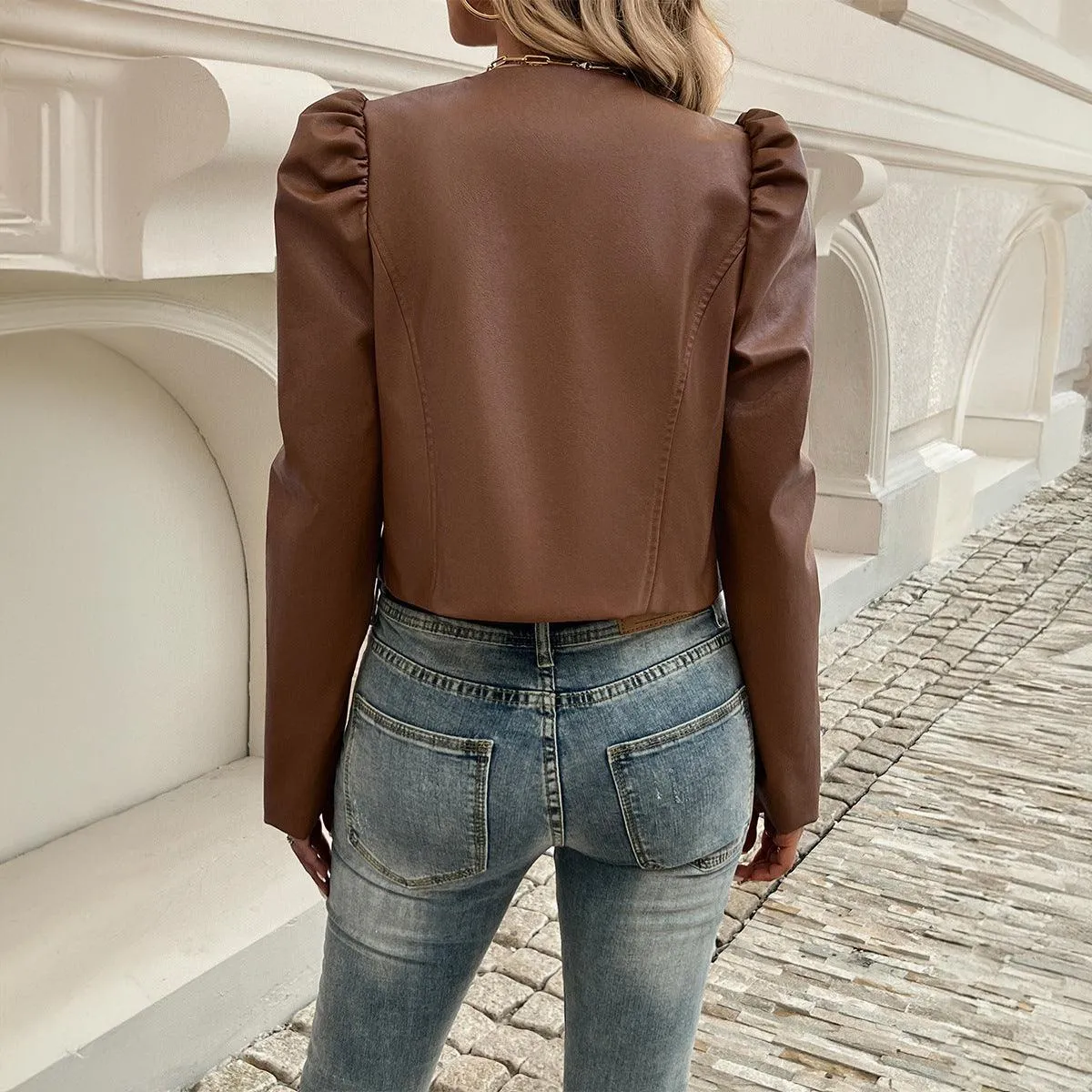 Solid Color Leather Cardigan Jacket