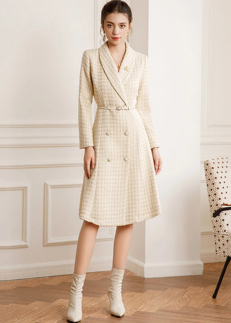 Tweed Double Breasted Belted Tweed Flared Coat