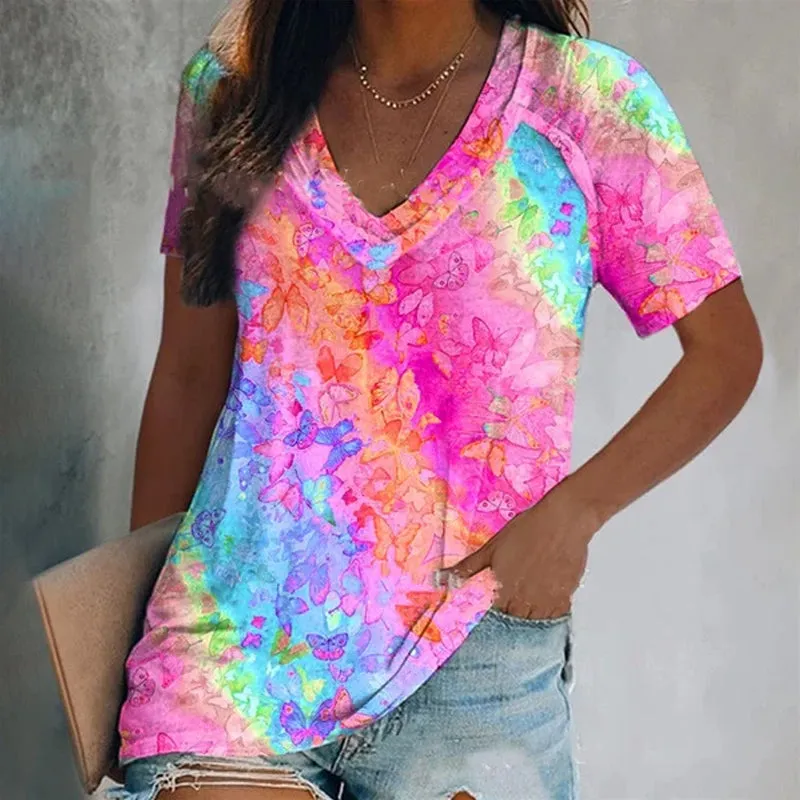 V-neck Rainbow Butterfly Printing Women's Cozy T-shirts