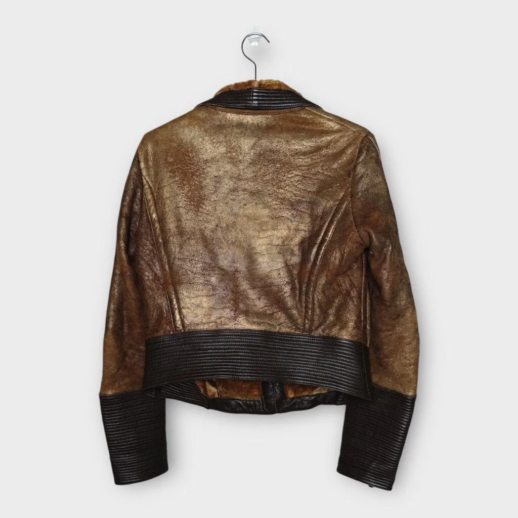 Versace Jeans Couture Vintage Bronze Leather Shearling Aviator Jacket