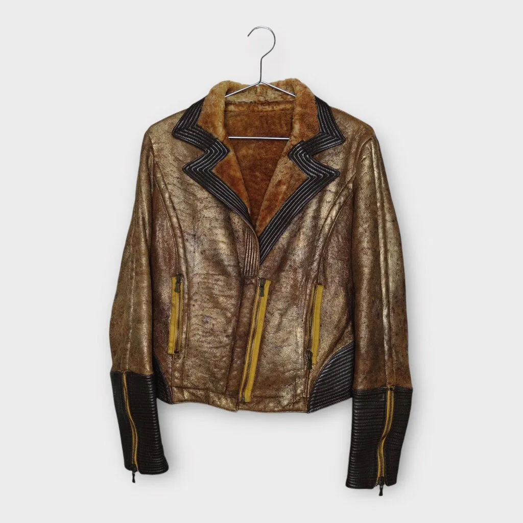 Versace Jeans Couture Vintage Bronze Leather Shearling Aviator Jacket