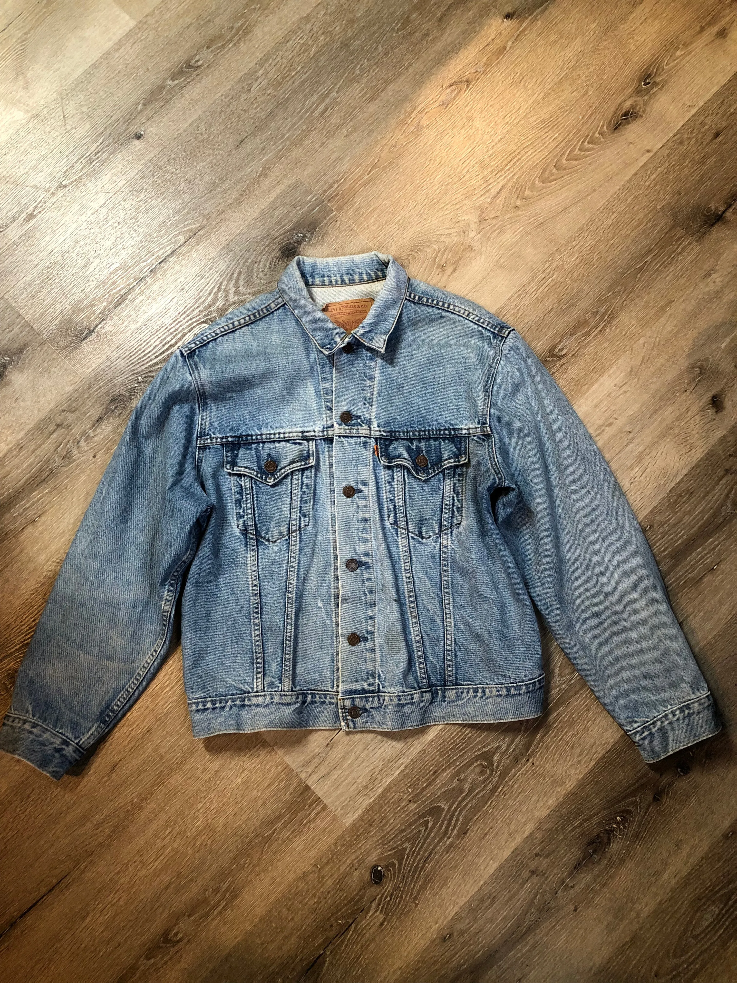 Vintage 70s Levi’s Light Wash Denim Trucker Jacket, Orange Tab, Made in Canada