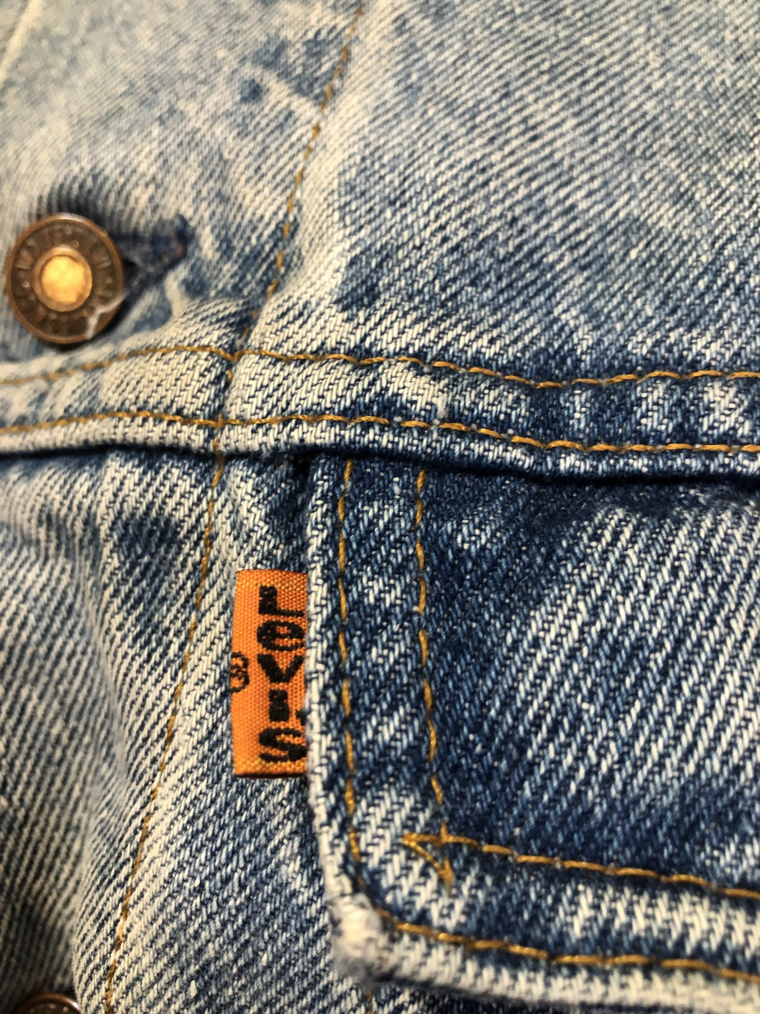 Vintage 70s Levi’s Light Wash Denim Trucker Jacket, Orange Tab, Made in Canada
