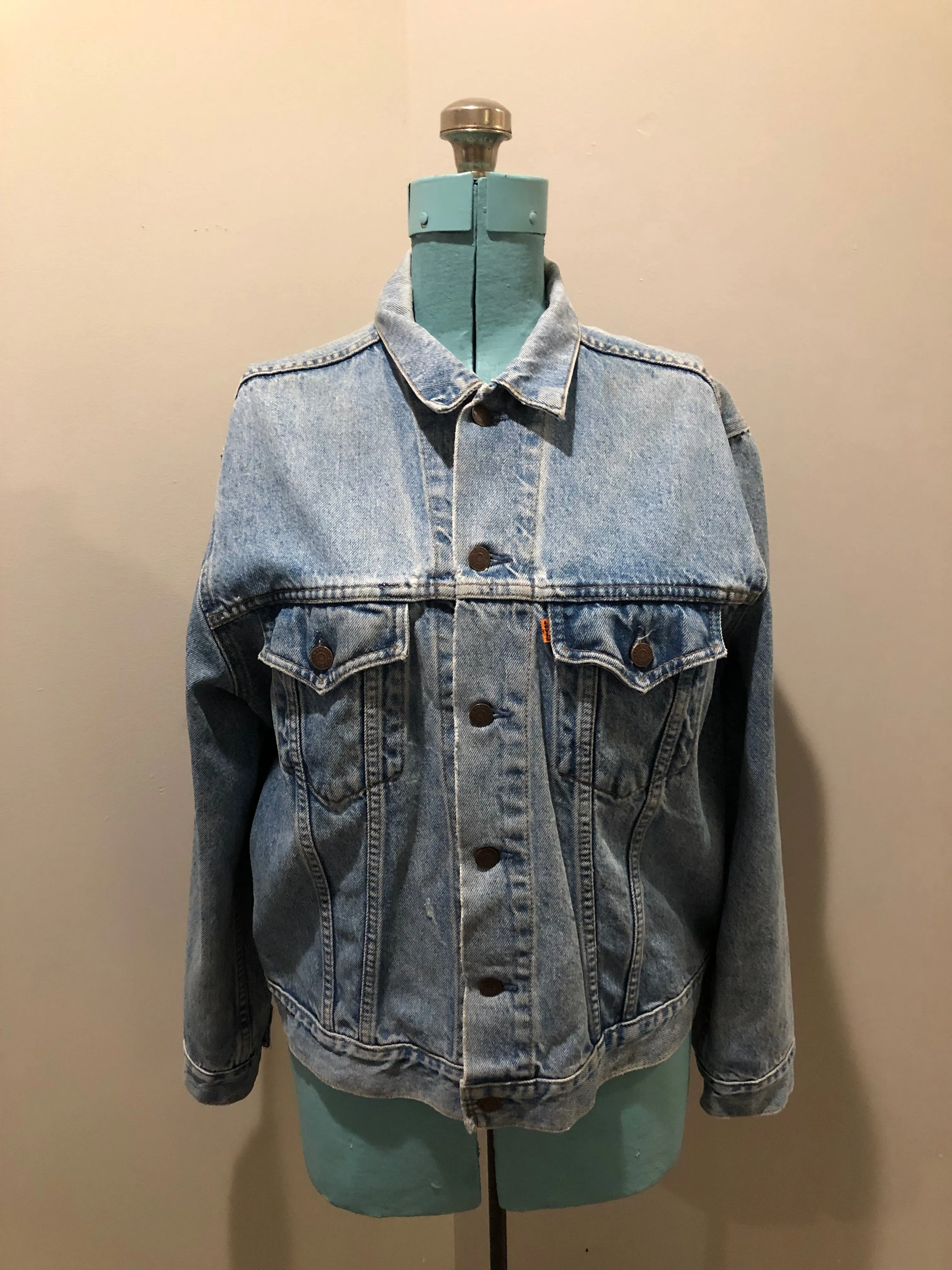 Vintage 70s Levi’s Light Wash Denim Trucker Jacket, Orange Tab, Made in Canada