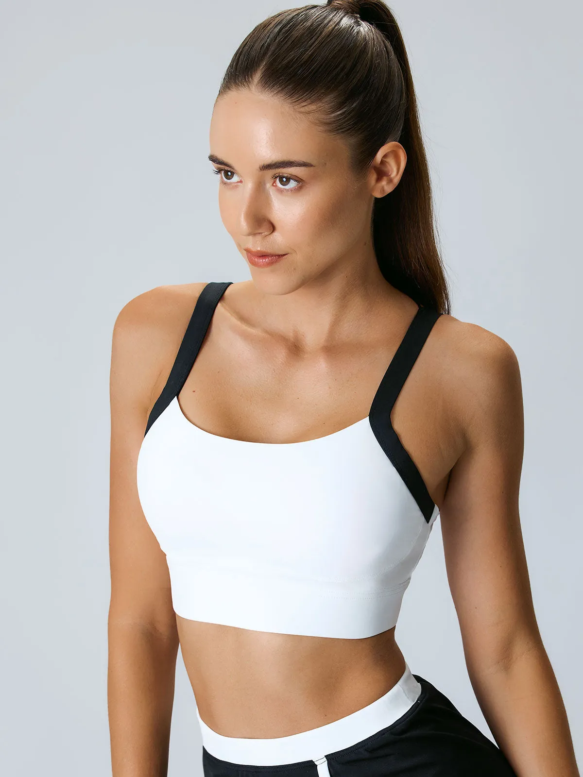 White Contrast Strap Sports Bra - High Support