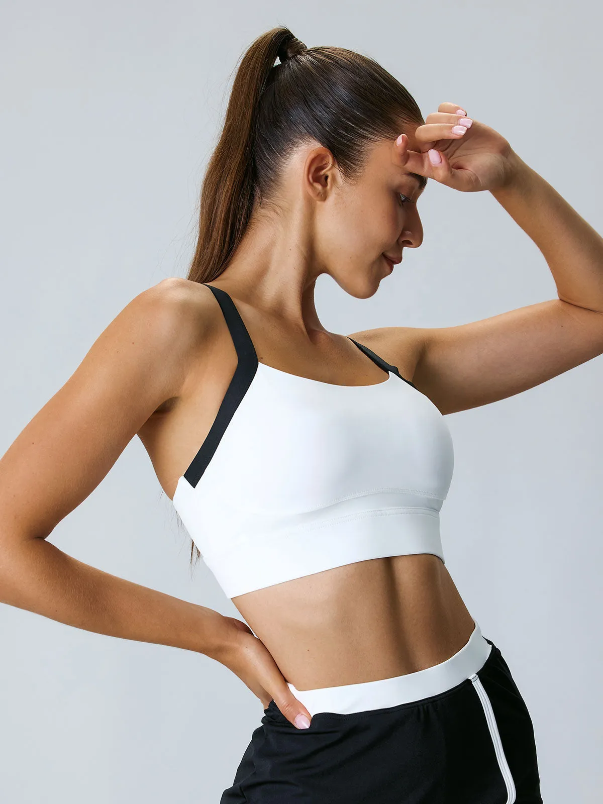 White Contrast Strap Sports Bra - High Support
