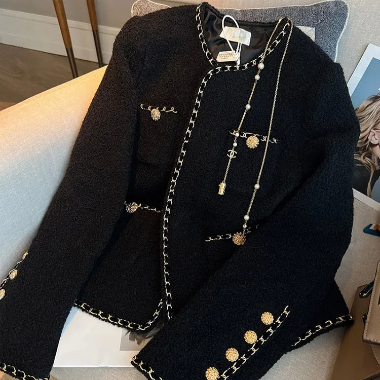 Woman Spring Autumn Black Weave Gold Bordering Round Neck Tweed Jacket
