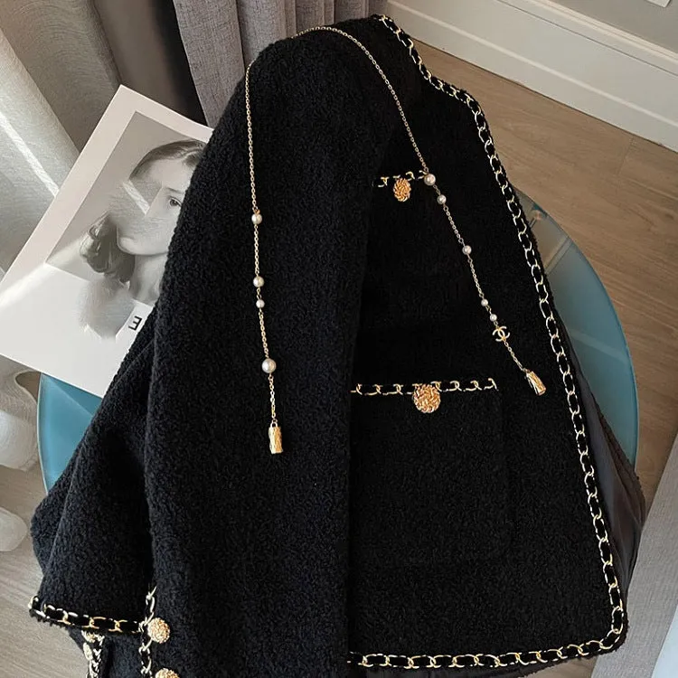Woman Spring Autumn Black Weave Gold Bordering Round Neck Tweed Jacket