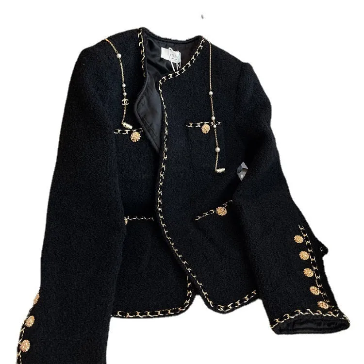 Woman Spring Autumn Black Weave Gold Bordering Round Neck Tweed Jacket