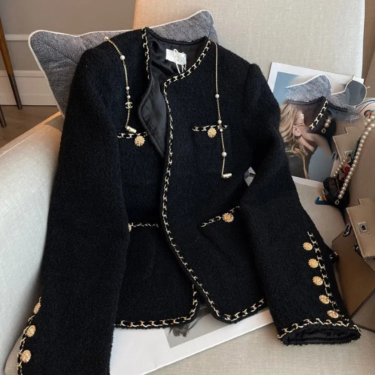 Woman Spring Autumn Black Weave Gold Bordering Round Neck Tweed Jacket