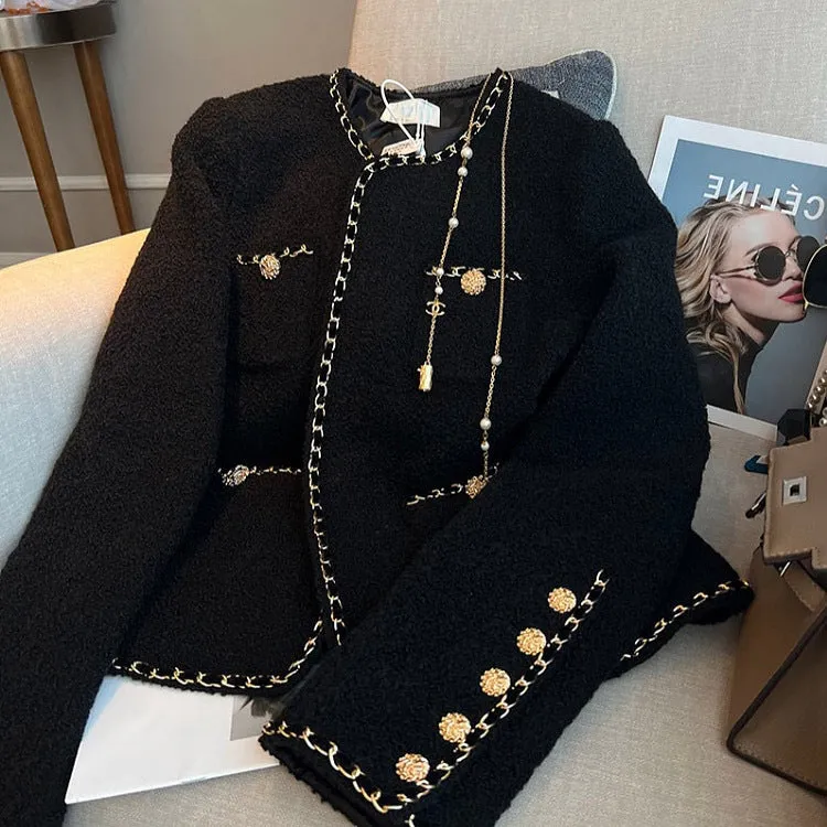 Woman Spring Autumn Black Weave Gold Bordering Round Neck Tweed Jacket